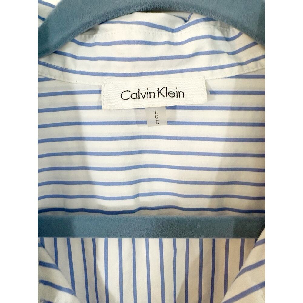 Calvin Klein Blouse Top L White Blue Stripe Nautical Tunic Roll Tab Sleeve Beach - Picture 3 of 5